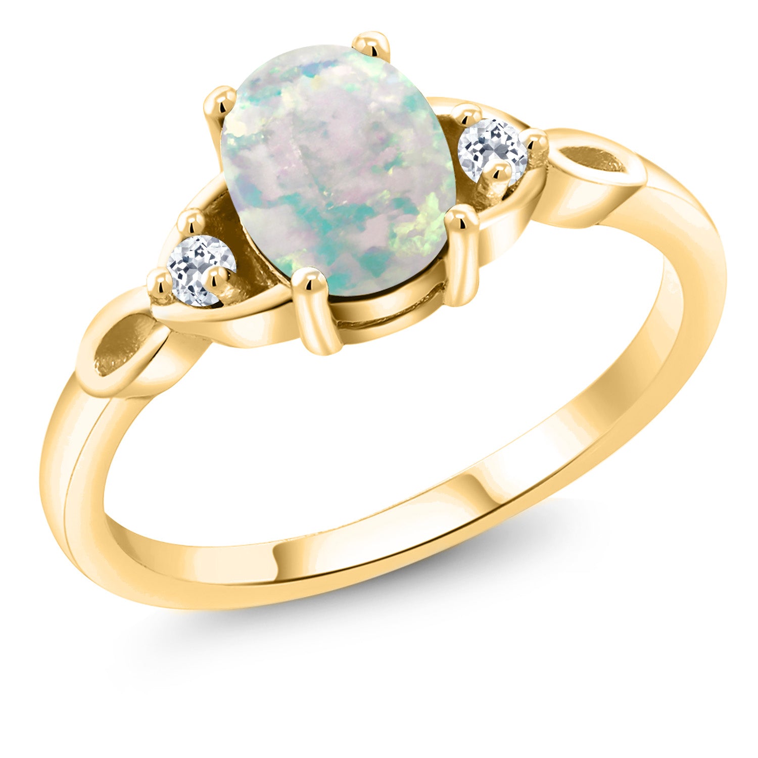 White Simulated Opal-Cabochon - October_7_Ring in 925 Yellow Gold Plated Silver
