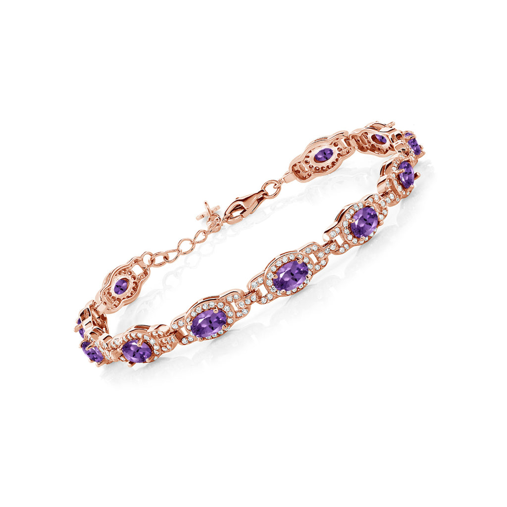 Gem Stone King 18K Rose Gold Plated Silver Oval Gemstone Birthstone Tennis Bracelet for Women | Oval 6X4MM | 7 Inch + 1 Inch Extender | Jewelry Gifts for Mom Wife Her