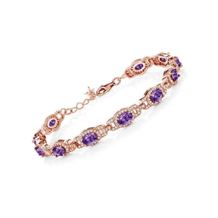 Gem Stone King 18K Rose Gold Plated Silver Oval Gemstone Birthstone Tennis Bracelet for Women | Oval 6X4MM | 7 Inch + 1 Inch Extender | Jewelry Gifts for Mom Wife Her