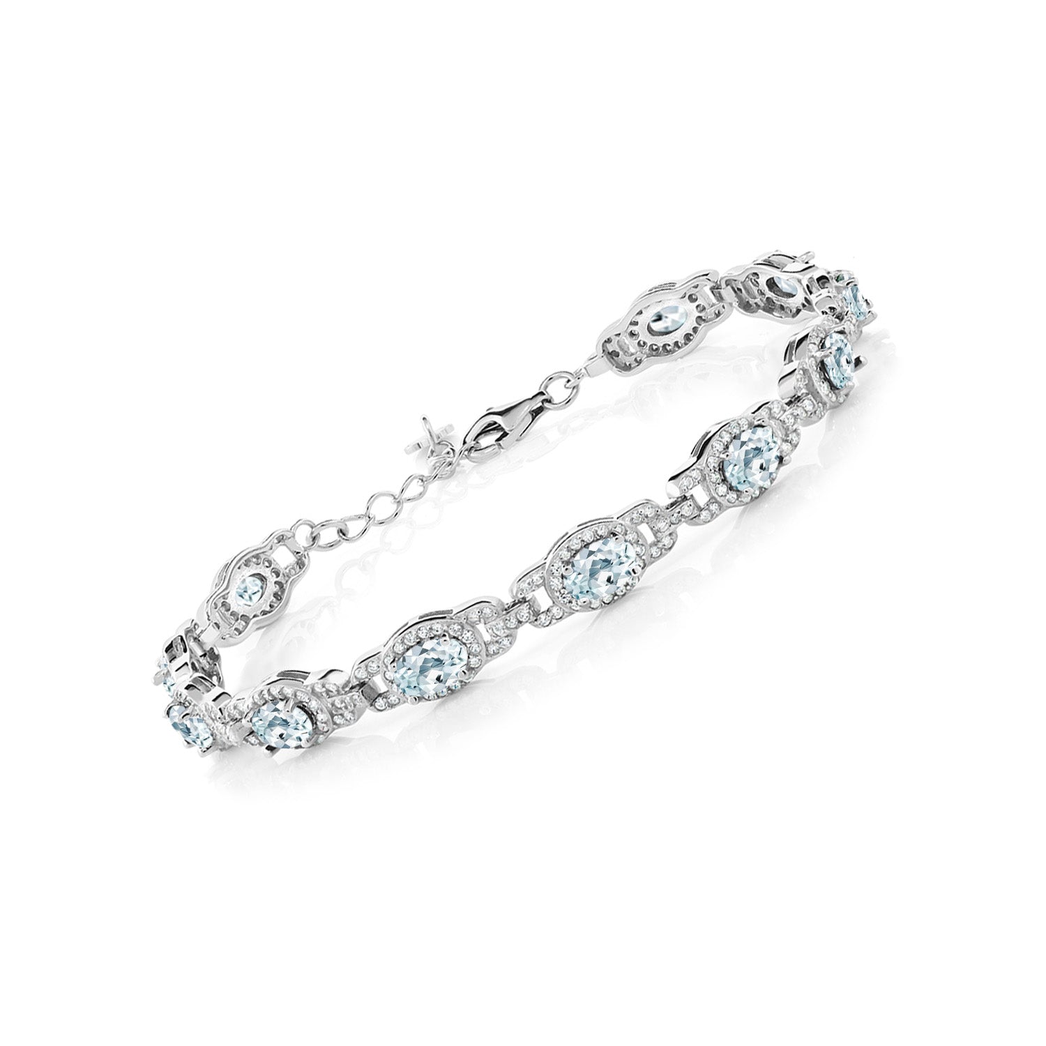 Sky Blue Aquamarine 925 Sterling Silver Tennis Bracelet For Women (9.10 Cttw, March Gemstone Birthstone, Oval 6X4MM, 7 Inch With 1 Inch Extender)