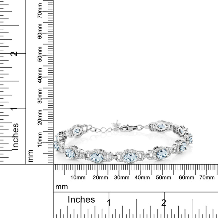 Sky Blue Aquamarine 925 Sterling Silver Tennis Bracelet For Women (9.10 Cttw, March Gemstone Birthstone, Oval 6X4MM, 7 Inch With 1 Inch Extender)