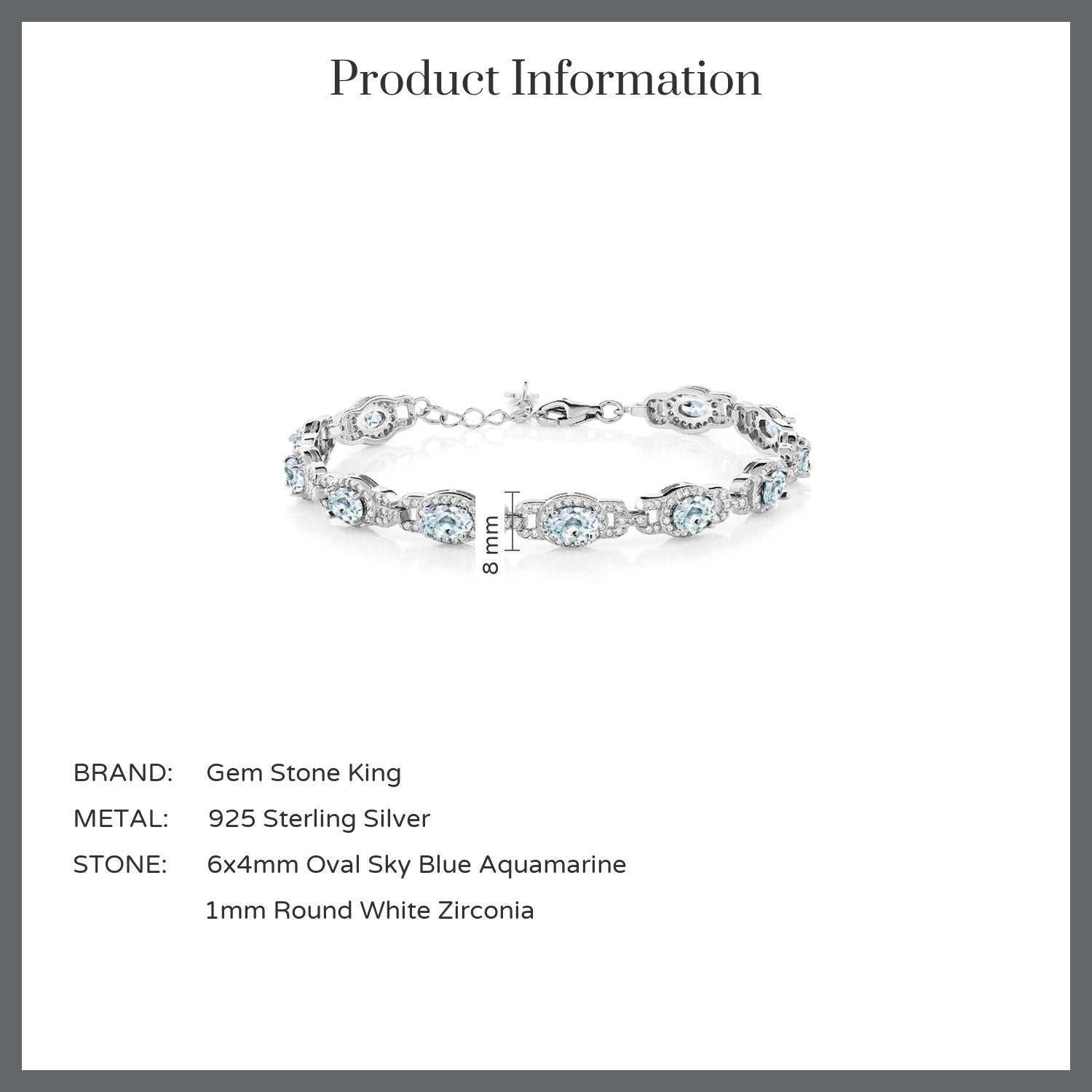 Sky Blue Aquamarine 925 Sterling Silver Tennis Bracelet For Women (9.10 Cttw, March Gemstone Birthstone, Oval 6X4MM, 7 Inch With 1 Inch Extender)