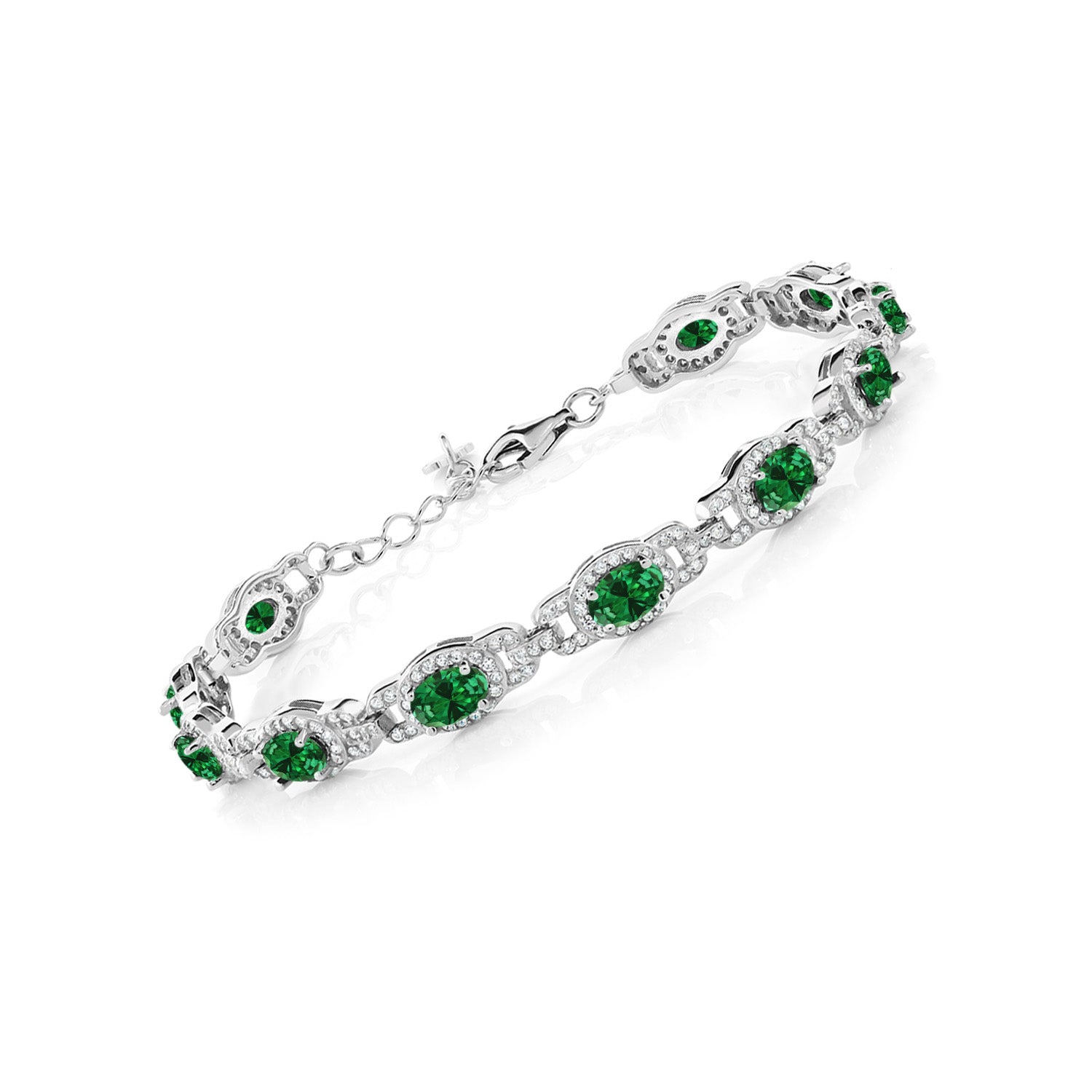 925 Sterling Silver Oval Green Simulated Emerald Tennis Bracelet For Women (7.45 Cttw, 7 Inch, With 1 Inch Extender)