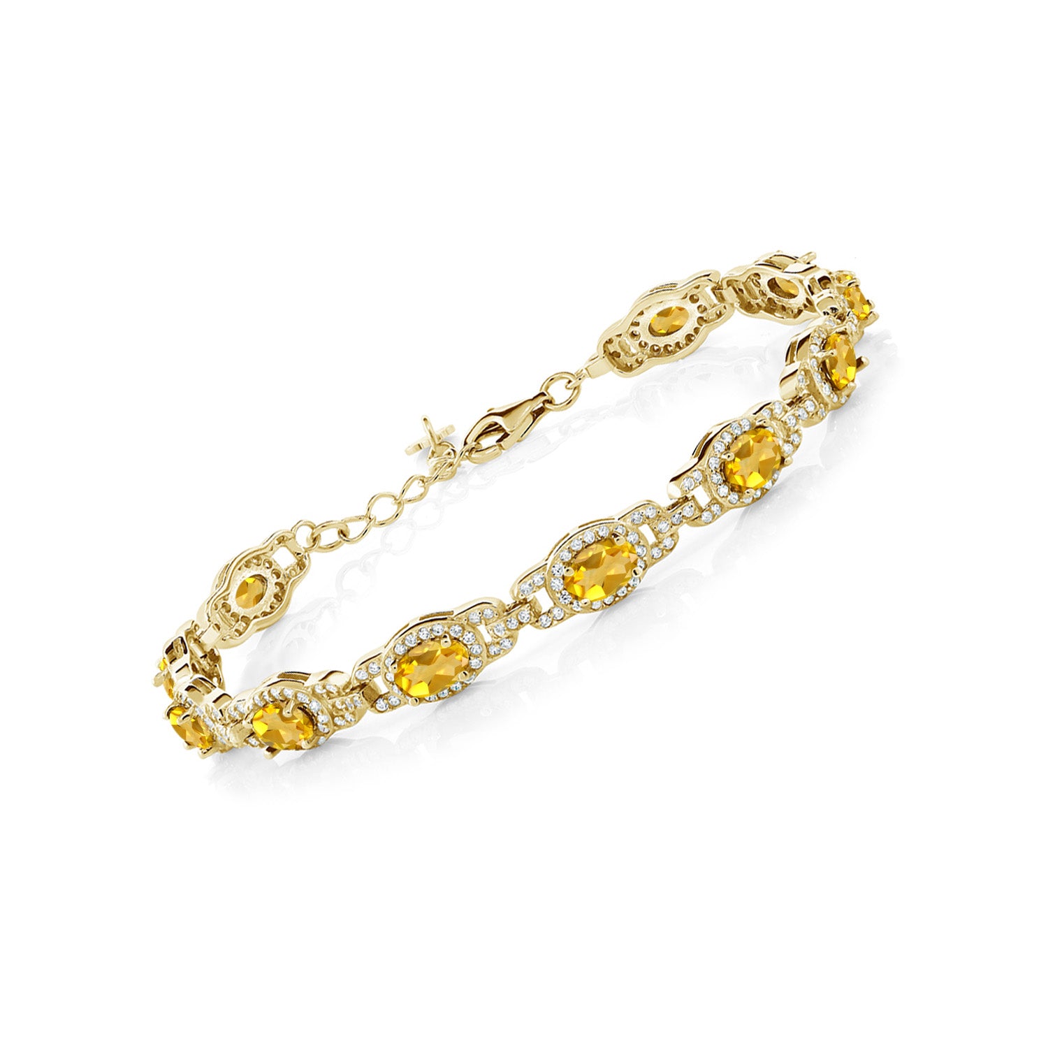 18K Yellow Gold Plated Silver Oval Yellow Citrine Tennis Bracelet For Women (8.55 Cttw, Gemstone Birthstone, 7 Inch with 1 Inch Extender)