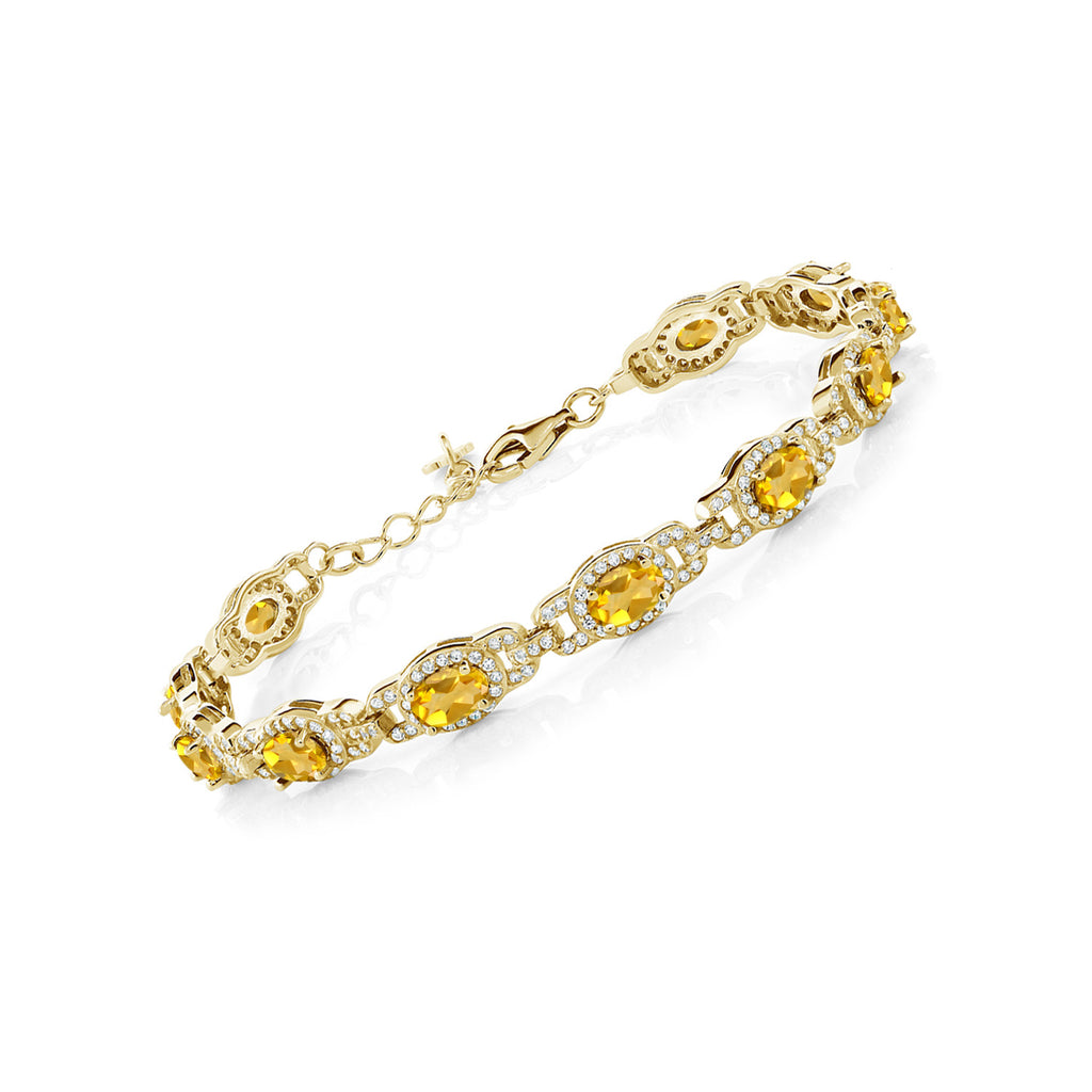 Gem Stone King 18K Yellow Gold Plated Silver Gemstone Birthstone Tennis Bracelet for Women | Oval 6X4MM | 7 Inch + 1 Inch Extender | Jewelry Gift for Her Mom Wife