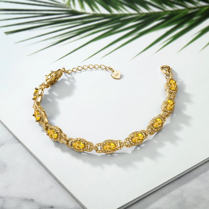 18K Yellow Gold Plated Silver Oval Yellow Citrine Tennis Bracelet For Women (8.55 Cttw, Gemstone Birthstone, 7 Inch with 1 Inch Extender)