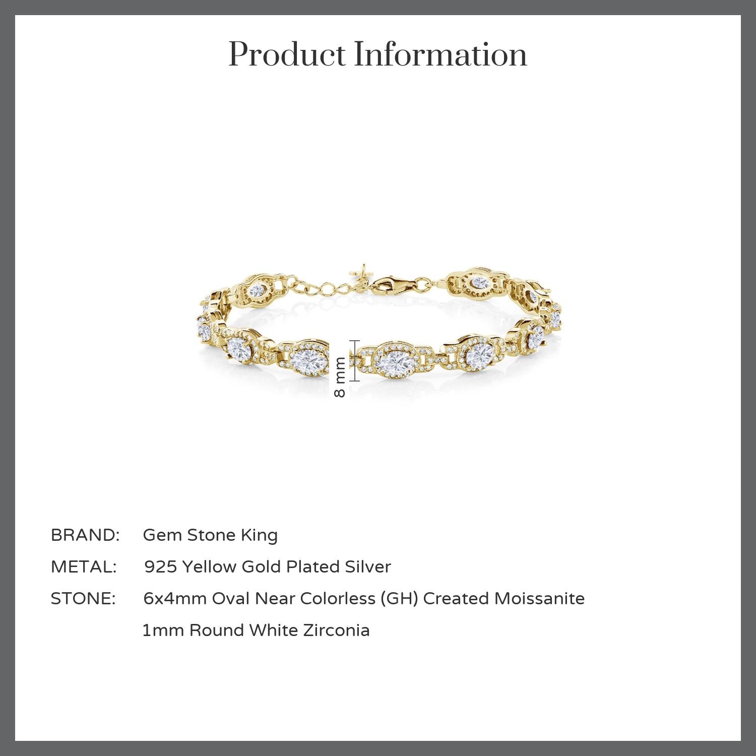 18K Yellow Gold Plated Silver White Moissanite Tennis Bracelet For Women (9.10 Cttw, 7 Inch with 1 Inch Extender)