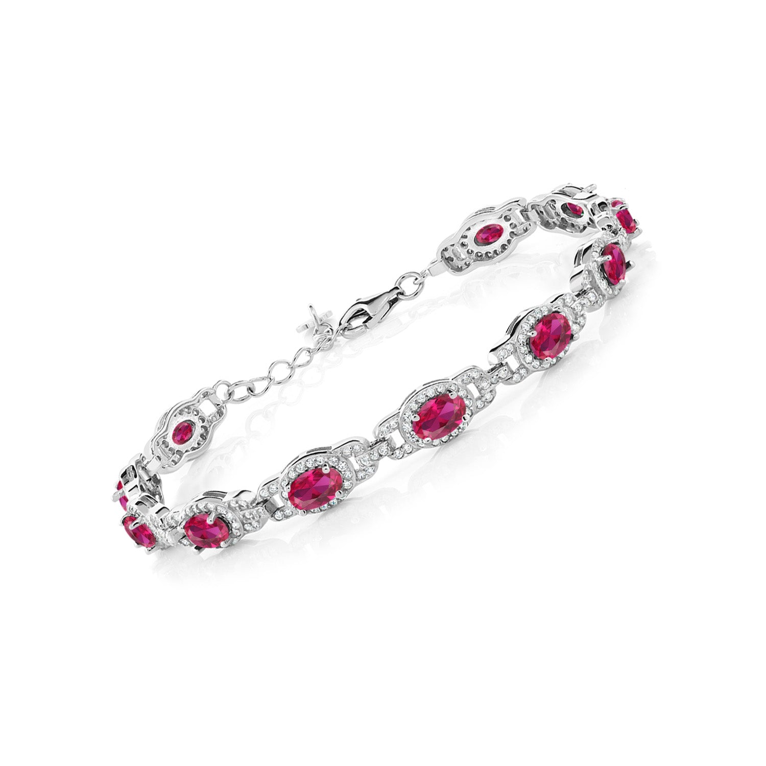 925 Sterling Silver Red Created Ruby Tennis Bracelet For Women (14.60 Cttw, Oval 7 Inch, With 1 Inch Extender)