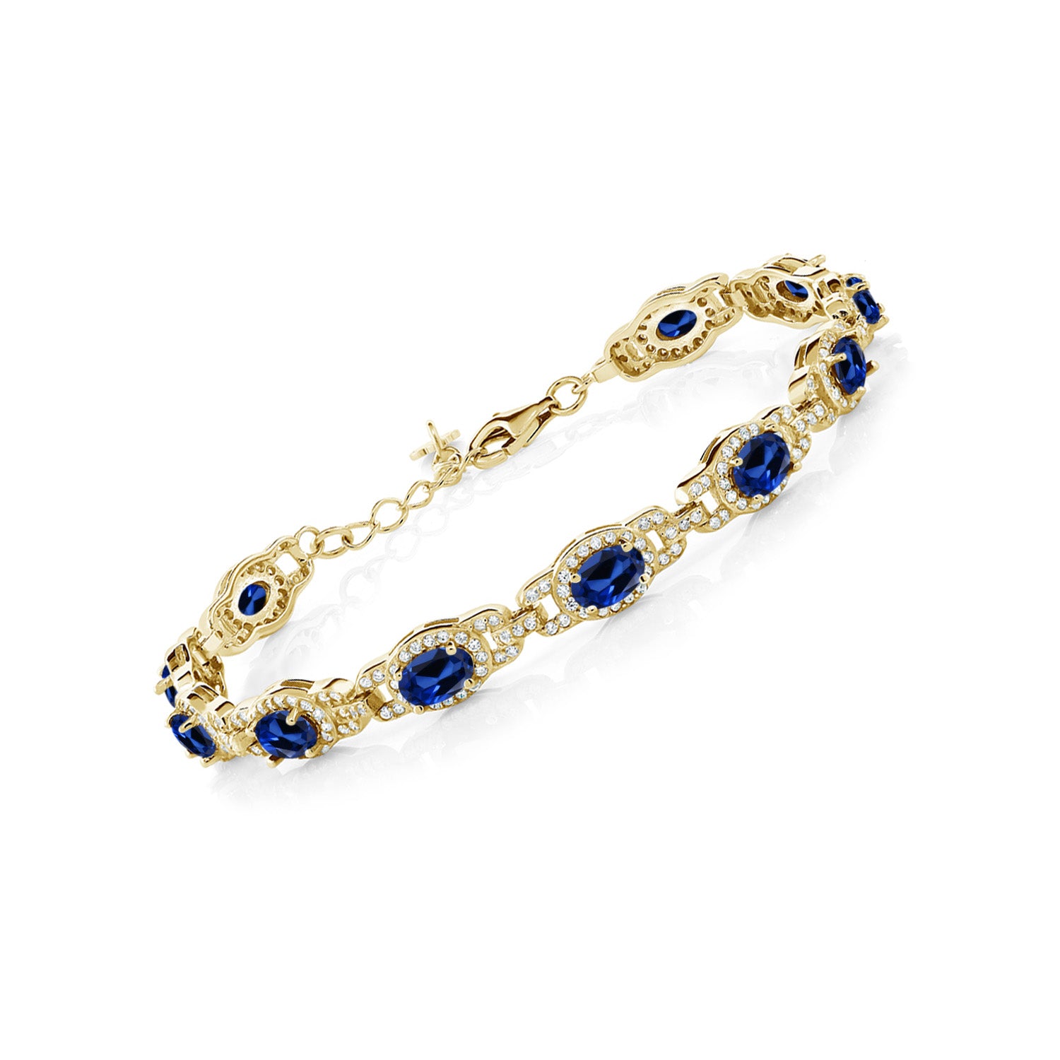 18K Yellow Gold Plated Silver Blue Created Sapphire Tennis Bracelet For Women (10.20 Cttw, 7 Inch With 1 Inch Extender)