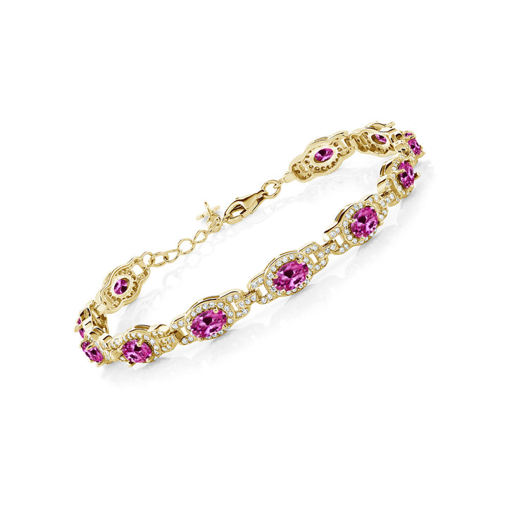 18K Yellow Gold Plated Silver Gemstone Birthstone Tennis Bracelet for Women | Oval 6X4MM | 7 Inch + 1 Inch Extender | Jewelry Gift for Her Mom Wife