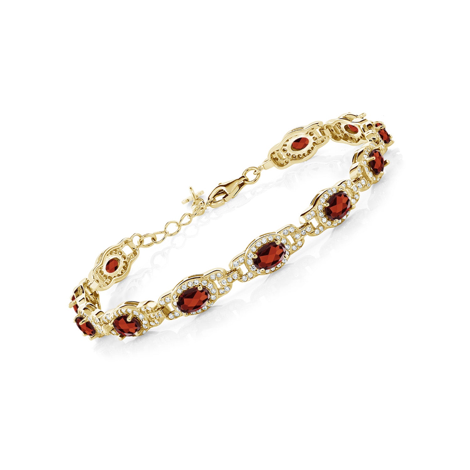 18K Yellow Gold Plated Silver Red Garnet Tennis Bracelet For Women (9.87 Cttw, Gemstone Birthstone, Oval 6X4MM, 7 Inch With 1 Inch Extender)