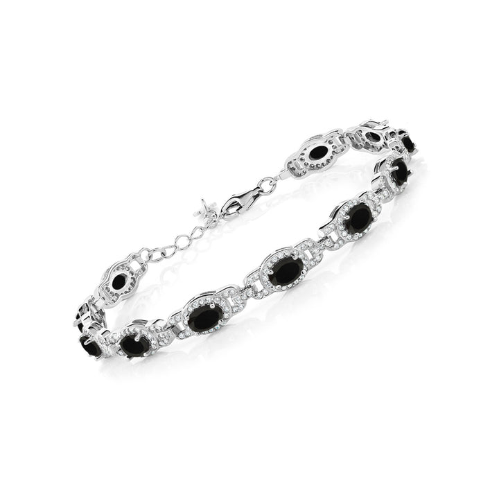 925 Sterling Silver Black Onyx Tennis Bracelet For Women (8.00 Cttw, Gemstone Birthstone, Oval 6X4MM, 7 Inch With 1 Inch Extender)