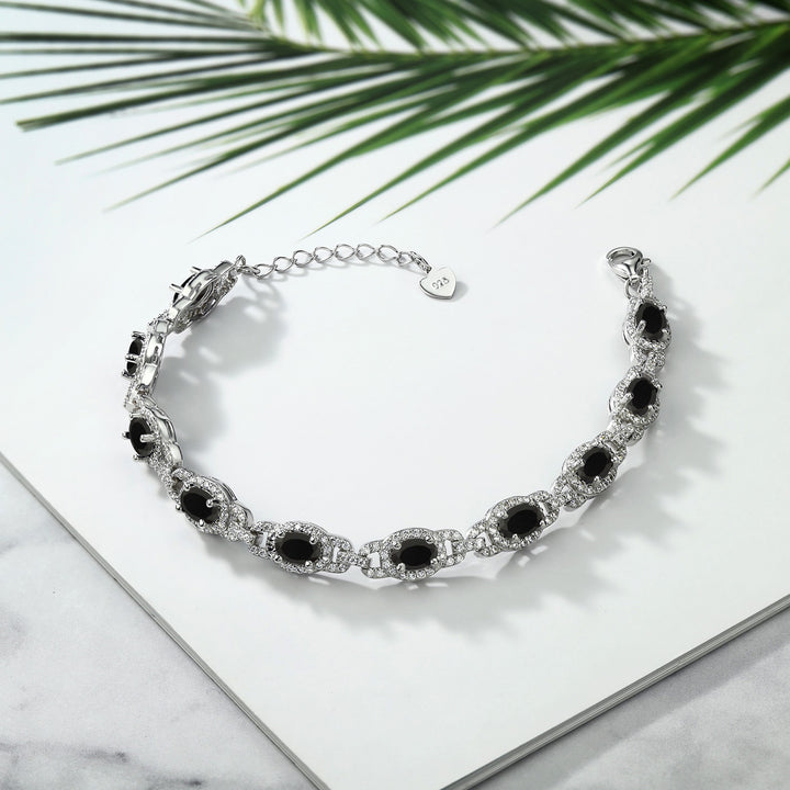 925 Sterling Silver Black Onyx Tennis Bracelet For Women (8.00 Cttw, Gemstone Birthstone, Oval 6X4MM, 7 Inch With 1 Inch Extender)