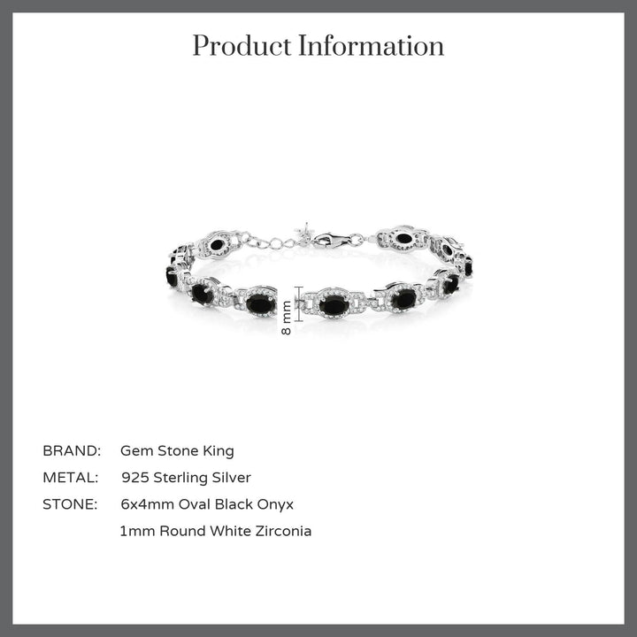 925 Sterling Silver Black Onyx Tennis Bracelet For Women (8.00 Cttw, Gemstone Birthstone, Oval 6X4MM, 7 Inch With 1 Inch Extender)