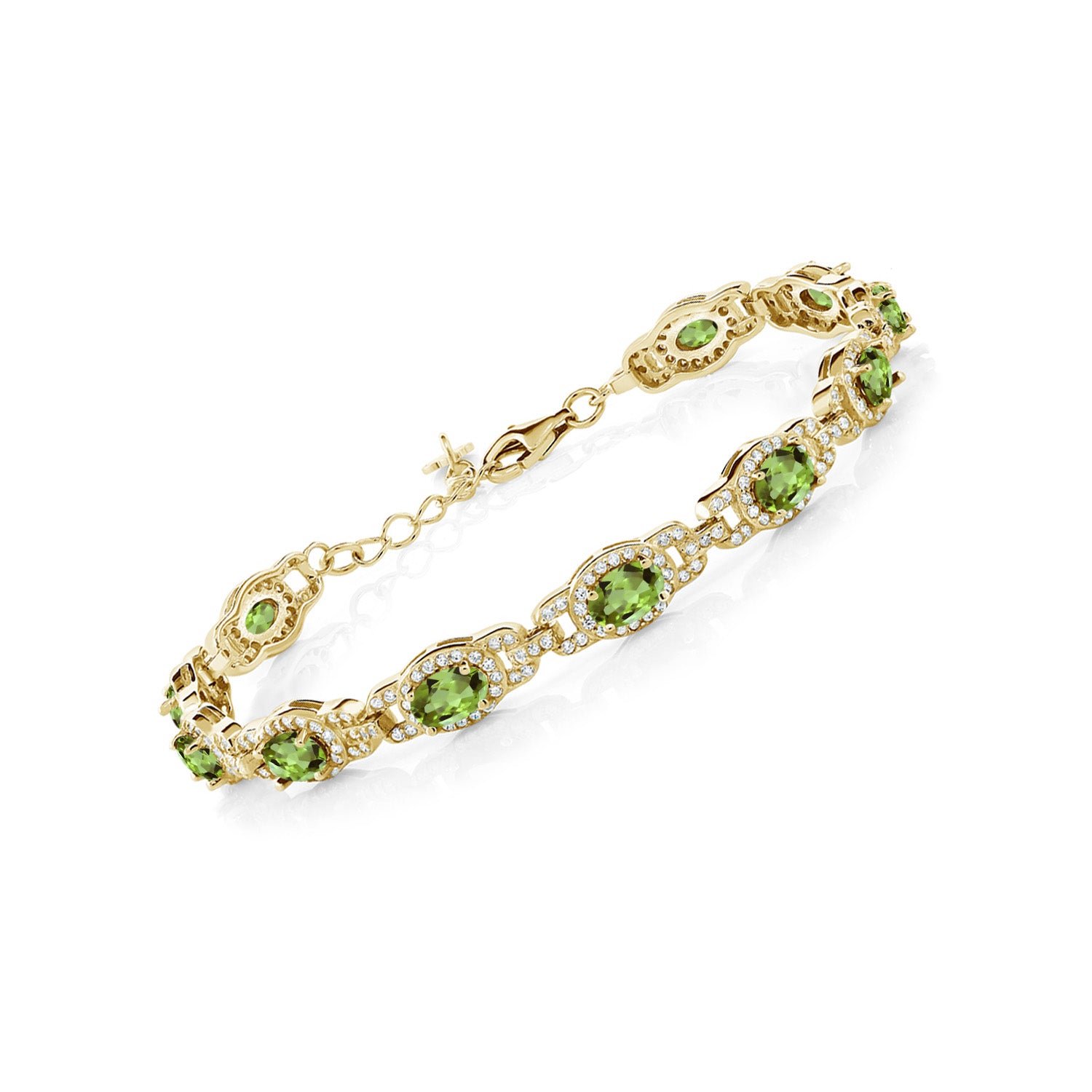 18K Yellow Gold Plated Silver Green Peridot Tennis Bracelet For Women (9.10 Cttw, Gemstone Birthstone, Oval 6X4MM, 7 Inch With 1 Inch Extender)