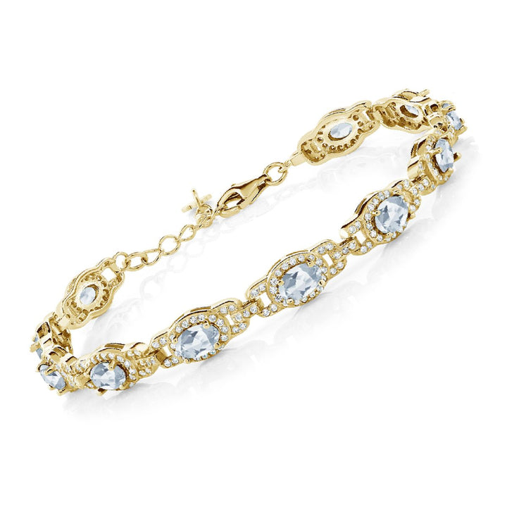 18K Yellow Gold Plated Silver Gemstone Birthstone Tennis Bracelet for Women | Oval 6X4MM | 7 Inch + 1 Inch Extender | Jewelry Gift for Her Mom Wife
