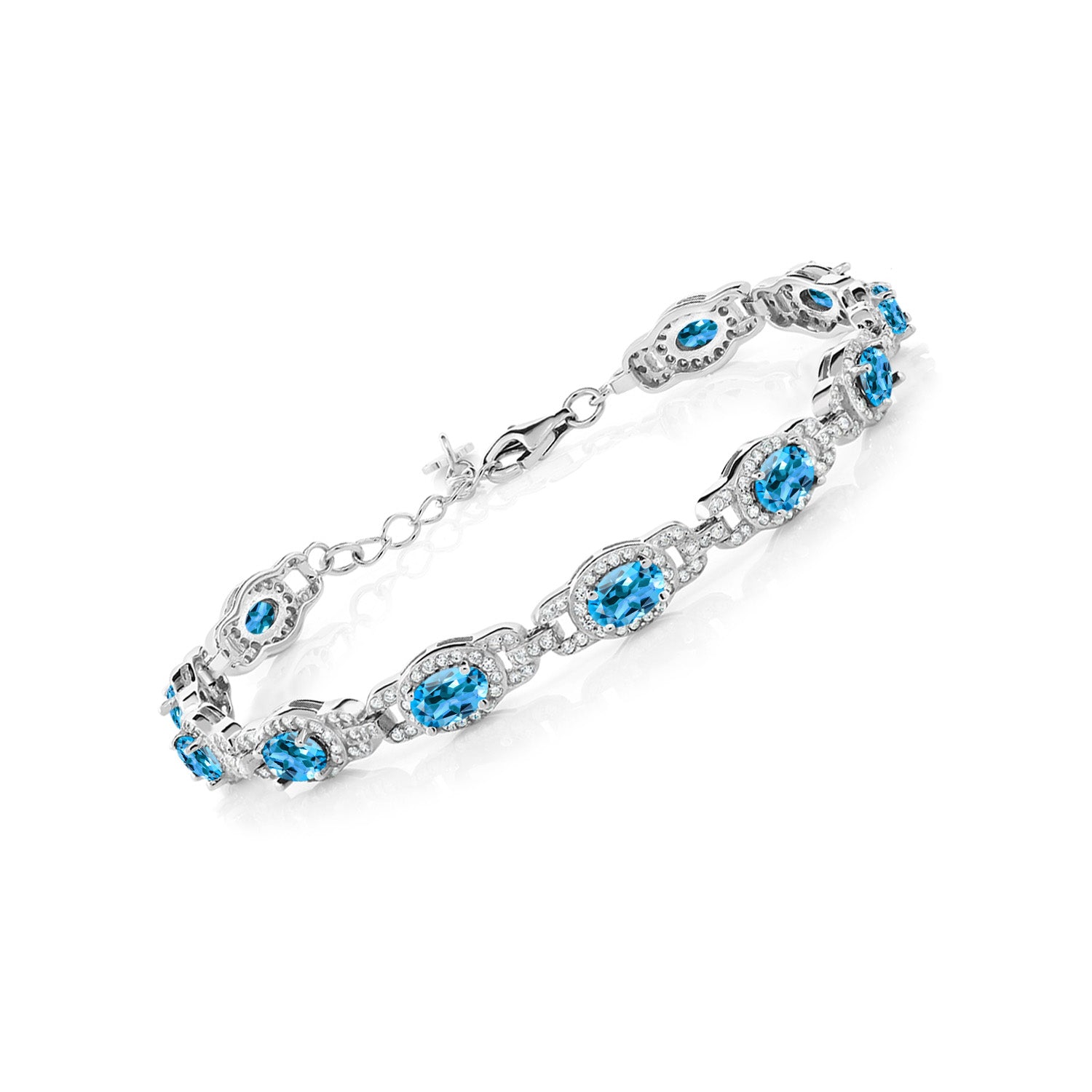 9.65 Cttw Oval Swiss Blue Topaz Tennis Bracelet For Women In 925 Sterling Silver | Gemstone Birthstone | 7 Inch With 1 Inch Extender