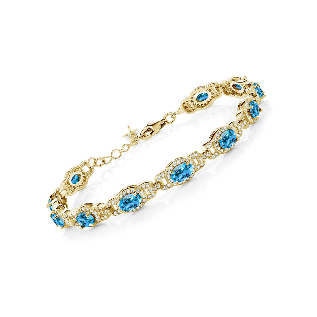 Gem Stone King 18K Yellow Gold Plated Silver Gemstone Birthstone Tennis Bracelet for Women | Oval 6X4MM | 7 Inch + 1 Inch Extender | Jewelry Gift for Her Mom Wife