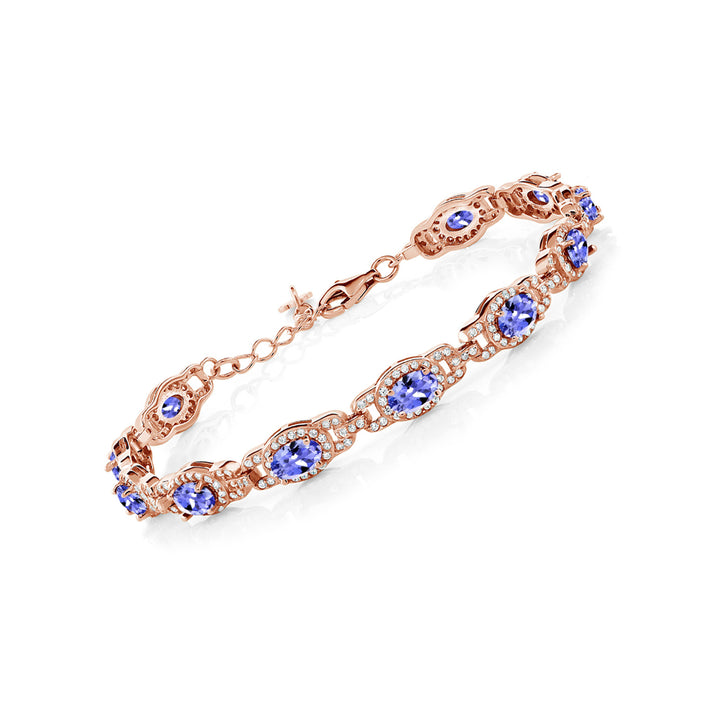 Gem Stone King 18K Rose Gold Plated Silver Oval Gemstone Birthstone Tennis Bracelet for Women | Oval 6X4MM | 7 Inch + 1 Inch Extender | Jewelry Gifts for Mom Wife Her