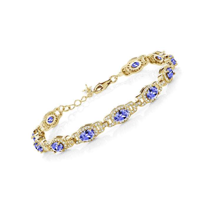 18K Yellow Gold Plated Silver Blue Tanzanite Tennis Bracelet For Women (8.55 Cttw, Oval 6X4MM, Gemstone Birthstone, 7 Inch With 1 Inch Extender)