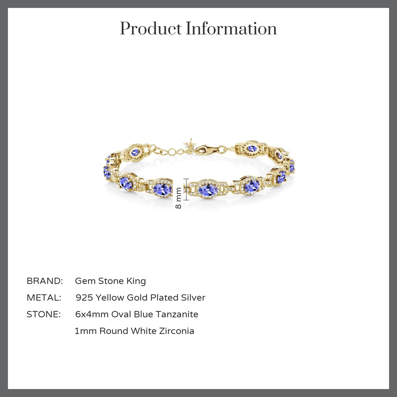 18K Yellow Gold Plated Silver Blue Tanzanite Tennis Bracelet For Women (8.55 Cttw, Oval 6X4MM, Gemstone Birthstone, 7 Inch With 1 Inch Extender)