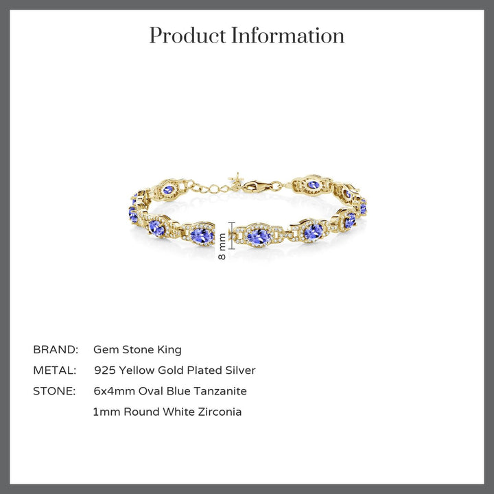 18K Yellow Gold Plated Silver Blue Tanzanite Tennis Bracelet For Women (8.55 Cttw, Oval 6X4MM, Gemstone Birthstone, 7 Inch With 1 Inch Extender)