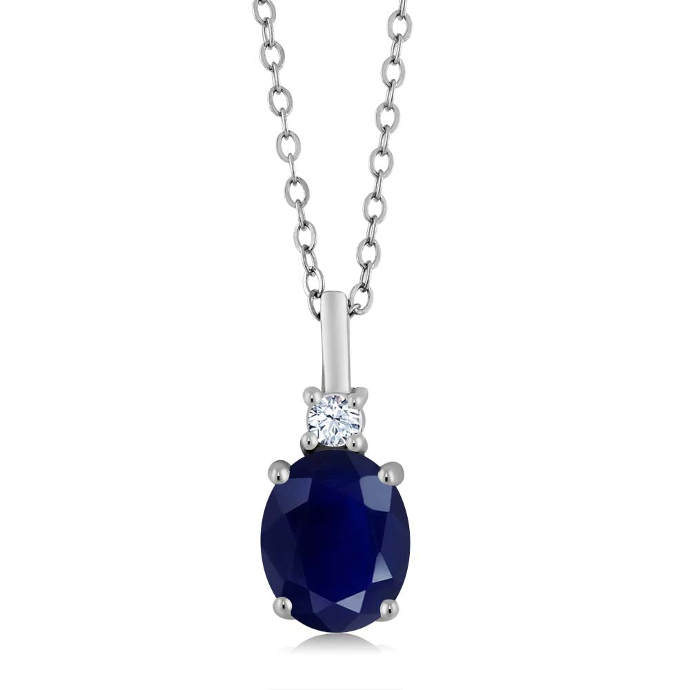 925 Sterling Silver Blue Sapphire Necklace | 2.55 Cttw | Gemstone Birthstone | Oval 9X7MM Pendant Necklace for Women | With 18 Inch Silver Chain