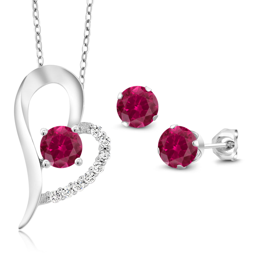 Created Ruby - July_Pendant Earrings Set in 925 Sterling Silver