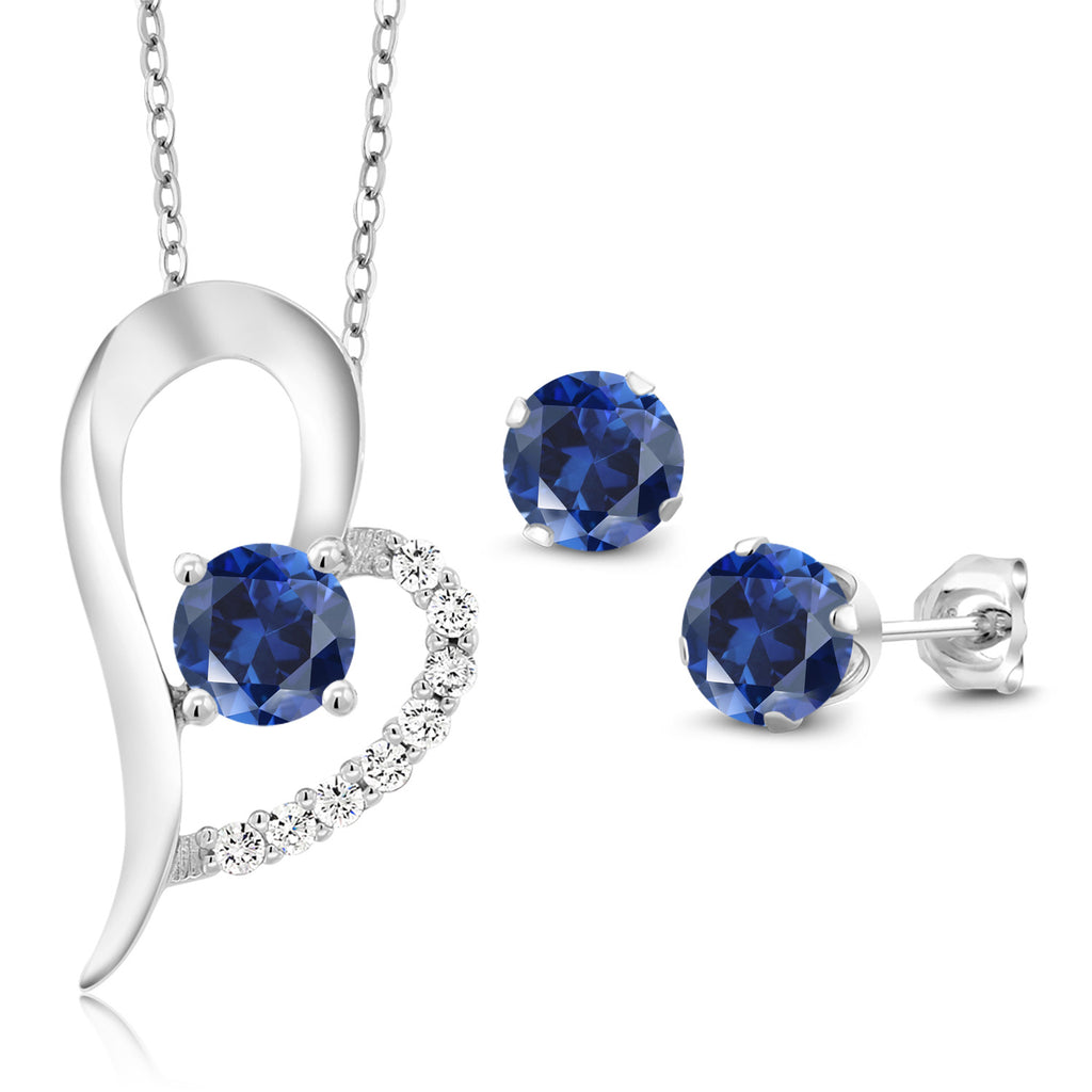 Blue Created Sapphire - September_Pendant Earrings Set in 925 Sterling Silver