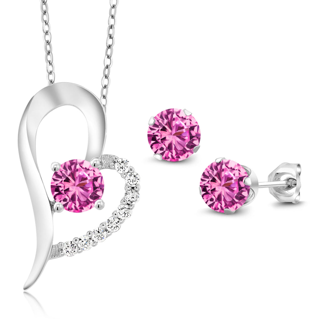 Pink Created Sapphire - September_Pendant Earrings Set in 925 Sterling Silver