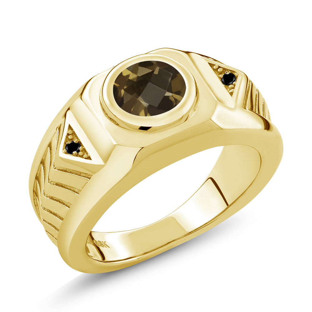Smoky Quartz-Checkerboard_10_Ring in 925 Yellow Gold Plated Silver