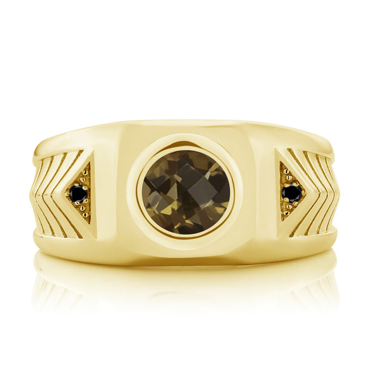 Smoky Quartz-Checkerboard_10_Ring in 925 Yellow Gold Plated Silver