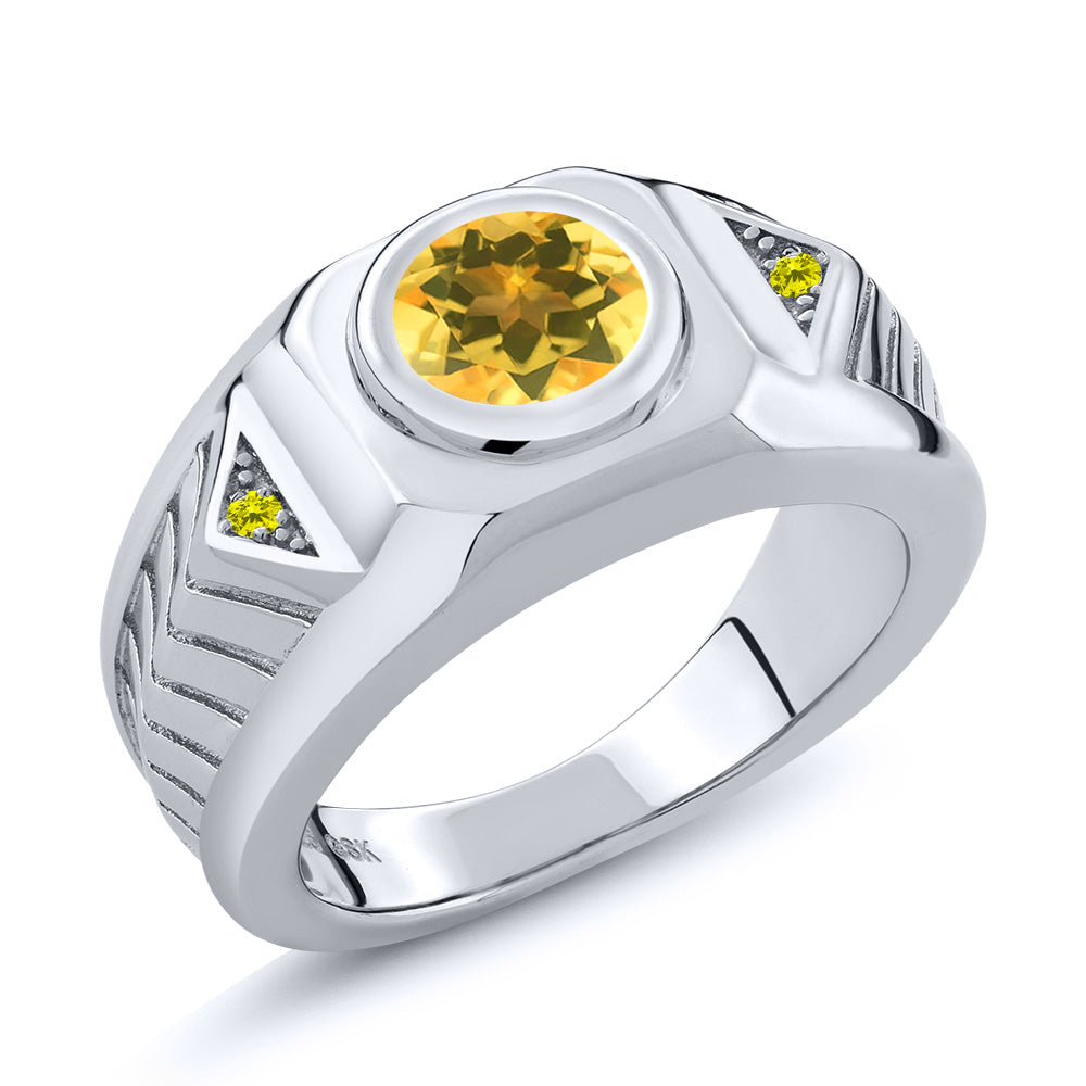 Round Yellow Citrine Canary Diamond 1.53 Ct 925 Sterling Silver Men's Ring