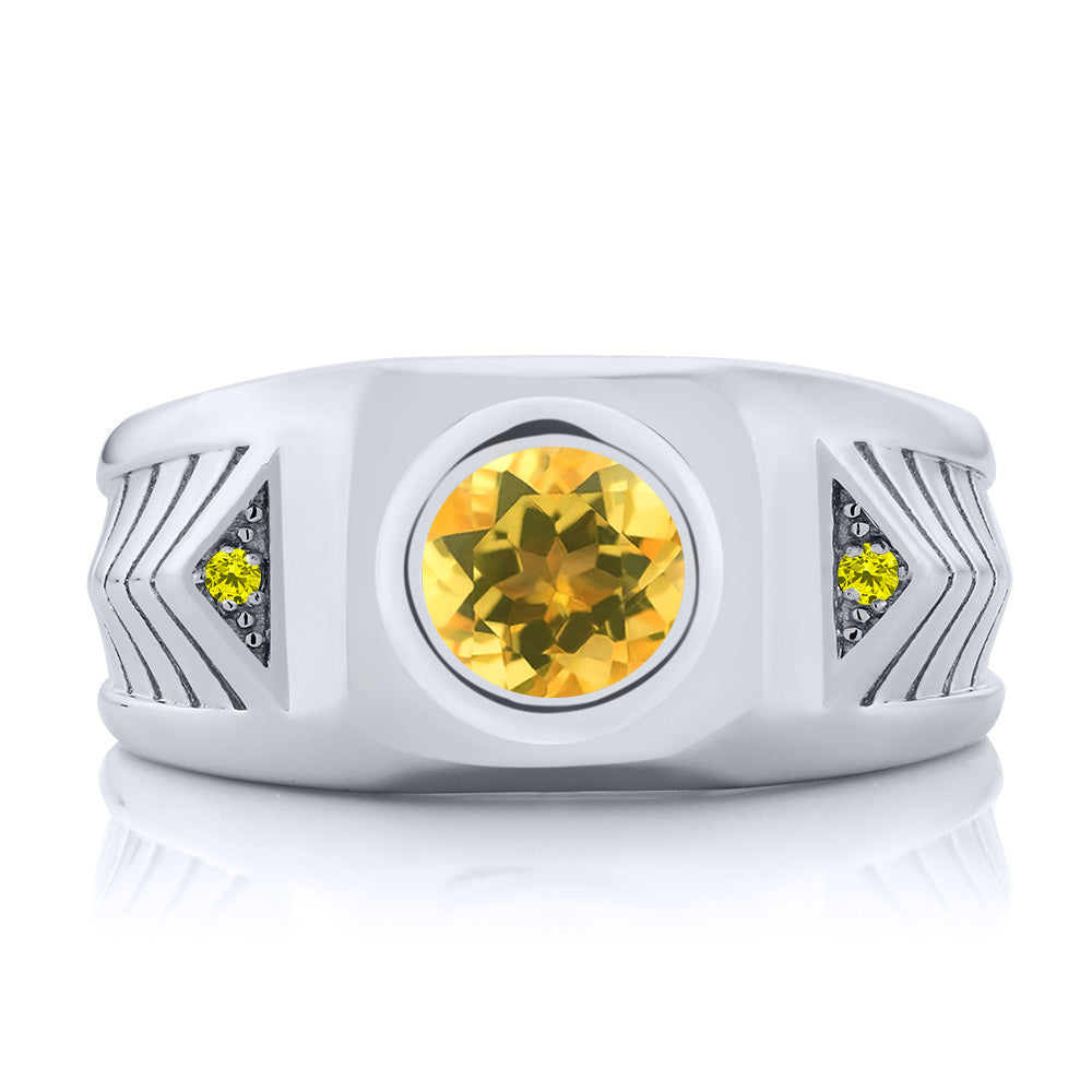 Round Yellow Citrine Canary Diamond 1.53 Ct 925 Sterling Silver Men's Ring