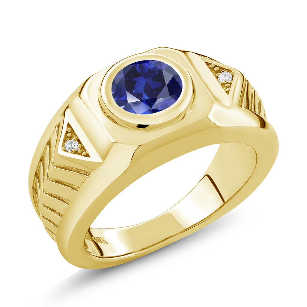 Blue Created Sapphire - September_11_Ring in 925 Yellow Gold Plated Silver