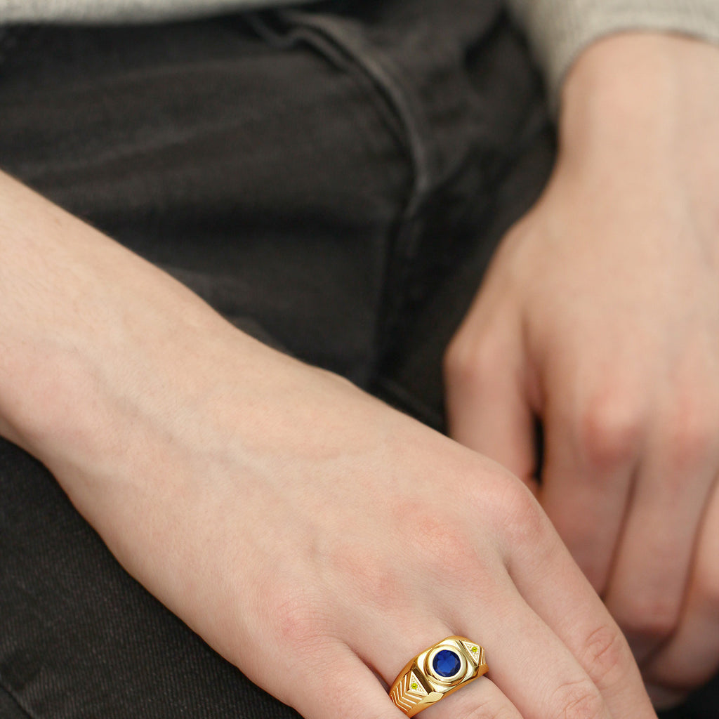 Blue Created Sapphire - September_10_Ring in 925 Yellow Gold Plated Silver