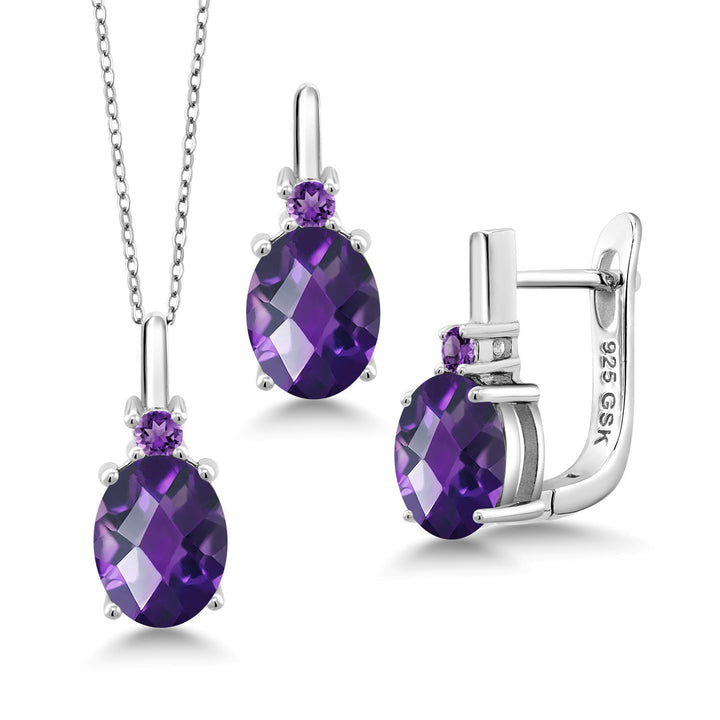 Amethyst-Checkerboard - February_Pendant Earrings Set in 925 Sterling Silver