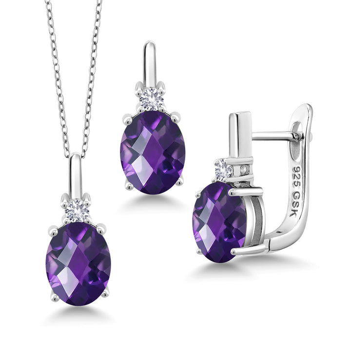 Amethyst-Checkerboard - February_Pendant Earrings Set in 925 Sterling Silver
