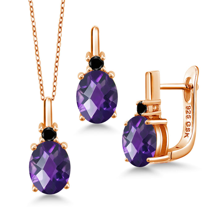 Amethyst-Checkerboard - February_Pendant Earrings Set in 925 Rose Gold Plated Silver