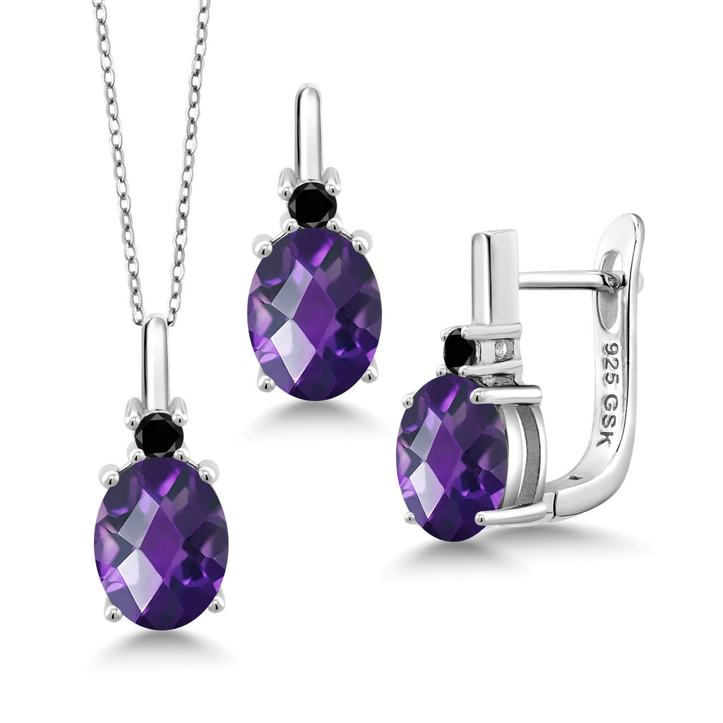 Amethyst-Checkerboard - February_Pendant Earrings Set in 925 Sterling Silver