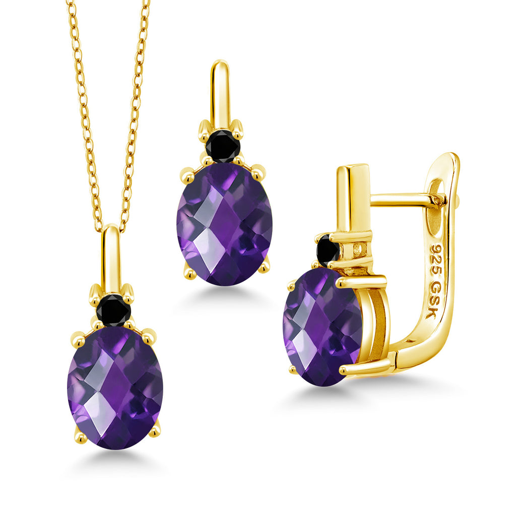 Amethyst-Checkerboard - February_Pendant Earrings Set in 925 Yellow Gold Plated Silver