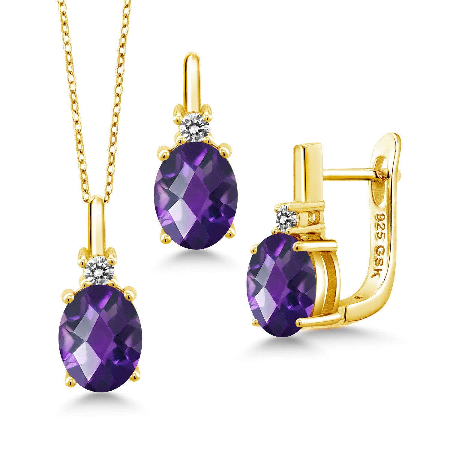 Amethyst-Checkerboard - February_Pendant Earrings Set in 925 Yellow Gold Plated Silver