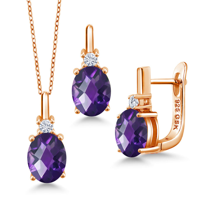 Amethyst-Checkerboard - February_Pendant Earrings Set in 925 Rose Gold Plated Silver