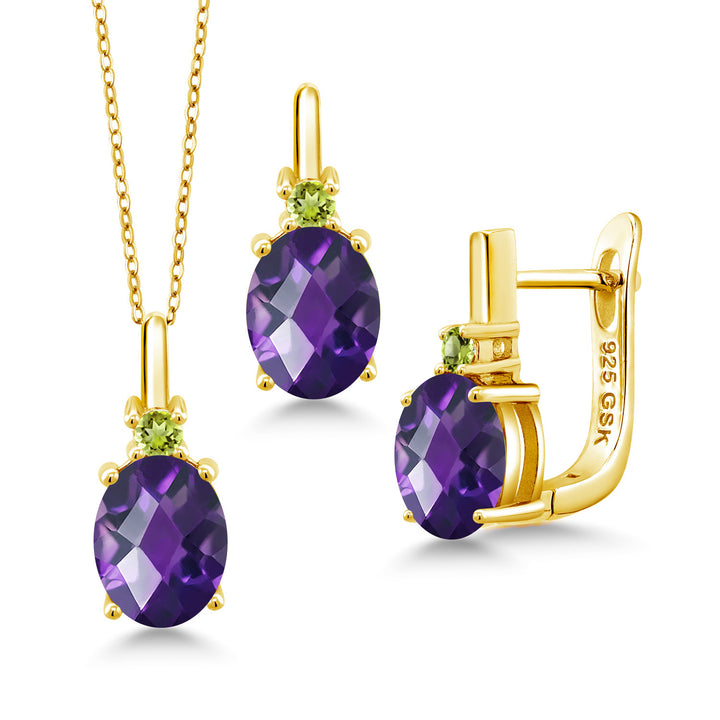 Amethyst-Checkerboard - February_Pendant Earrings Set in 925 Yellow Gold Plated Silver