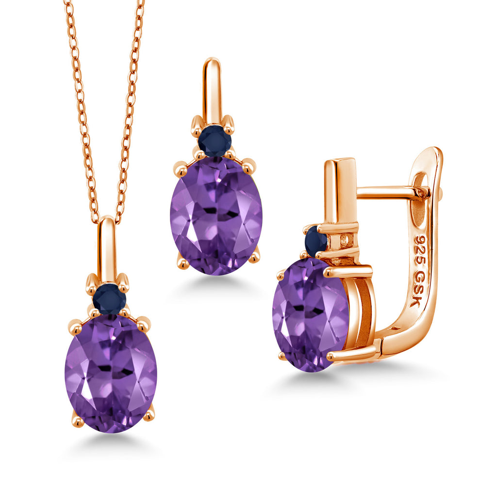 Amethyst-Checkerboard - February_Pendant Earrings Set in 925 Rose Gold Plated Silver