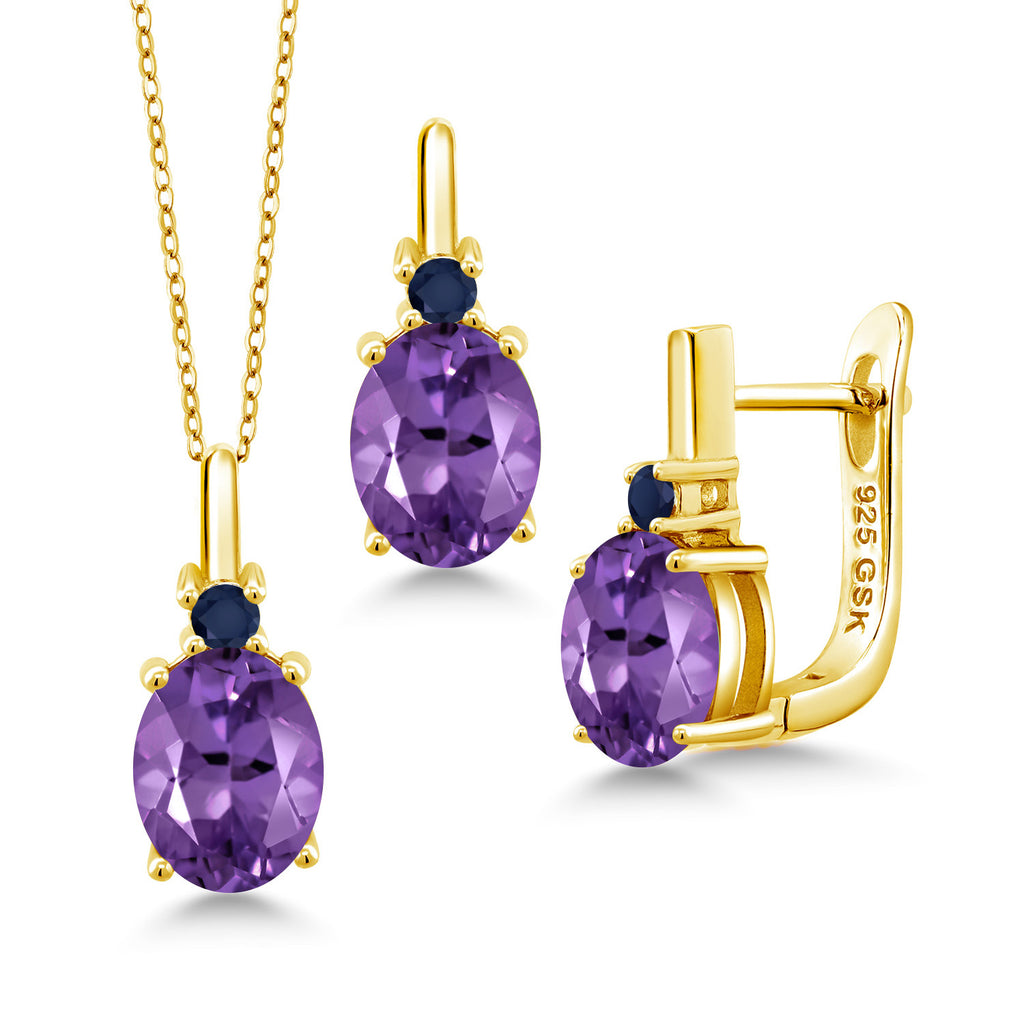 Amethyst-Checkerboard - February_Pendant Earrings Set in 925 Yellow Gold Plated Silver