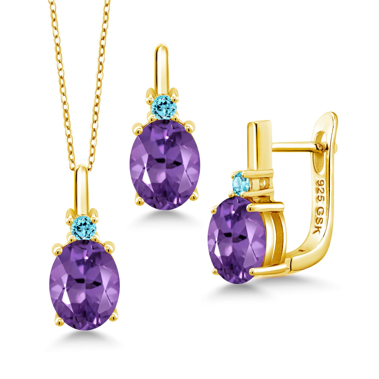 Amethyst-Checkerboard - February_Pendant Earrings Set in 925 Yellow Gold Plated Silver