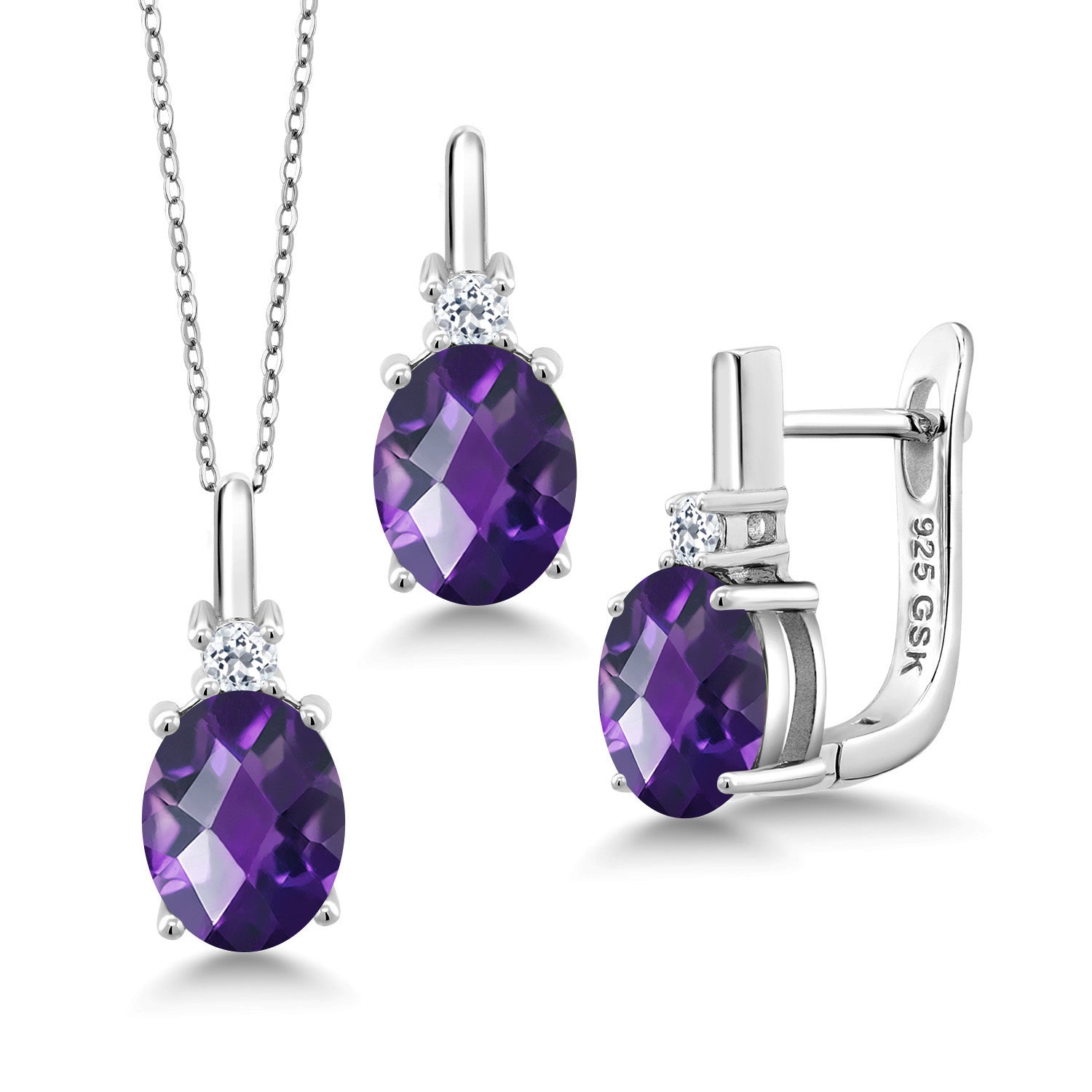 Amethyst-Checkerboard - February_Pendant Earrings Set in 925 Sterling Silver