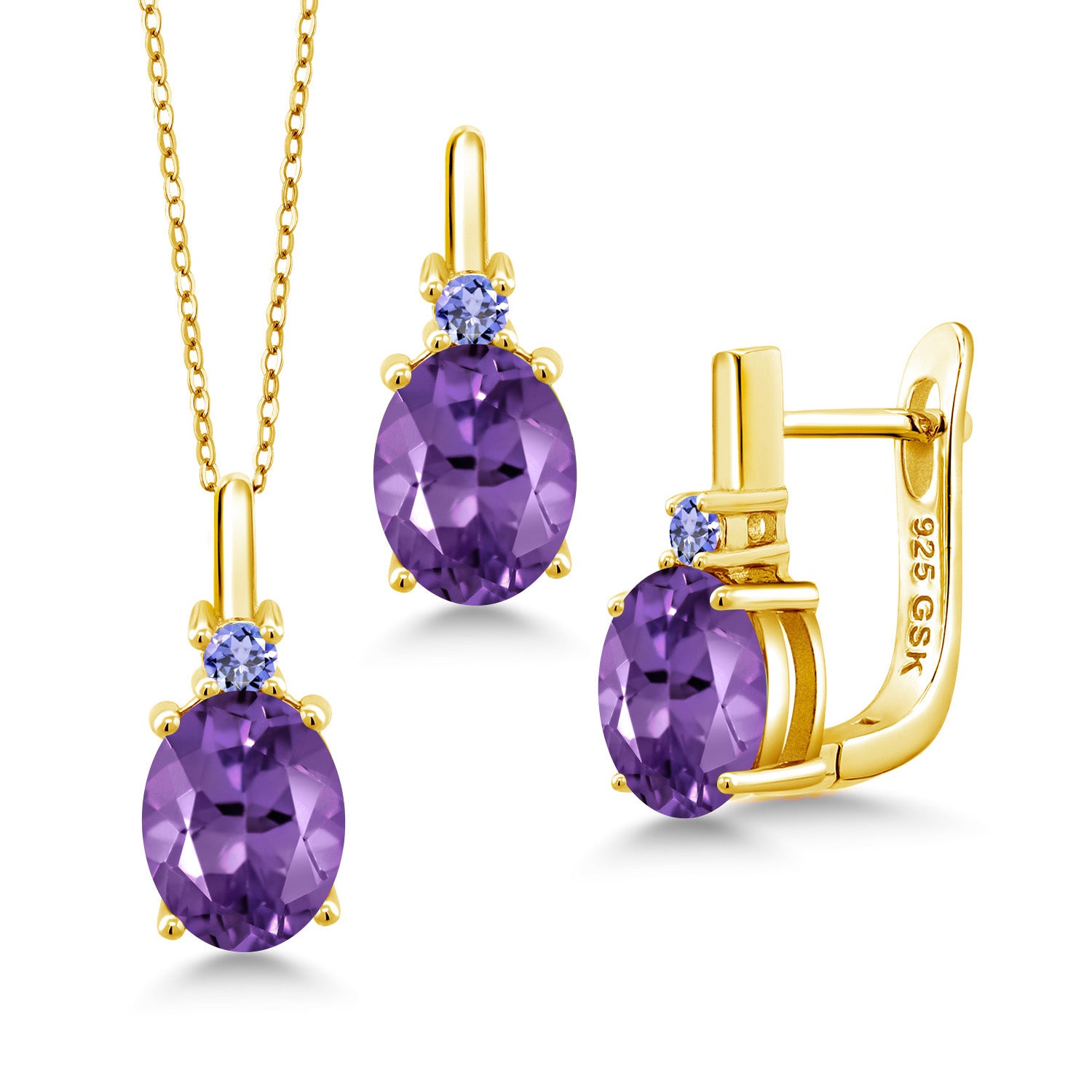Amethyst-Checkerboard - February_Pendant Earrings Set in 925 Yellow Gold Plated Silver