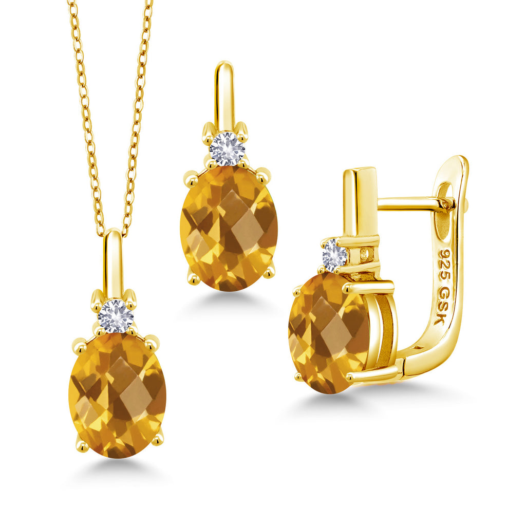 Citrine-Checkerboard - November_Pendant Earrings Set in 925 Yellow Gold Plated Silver